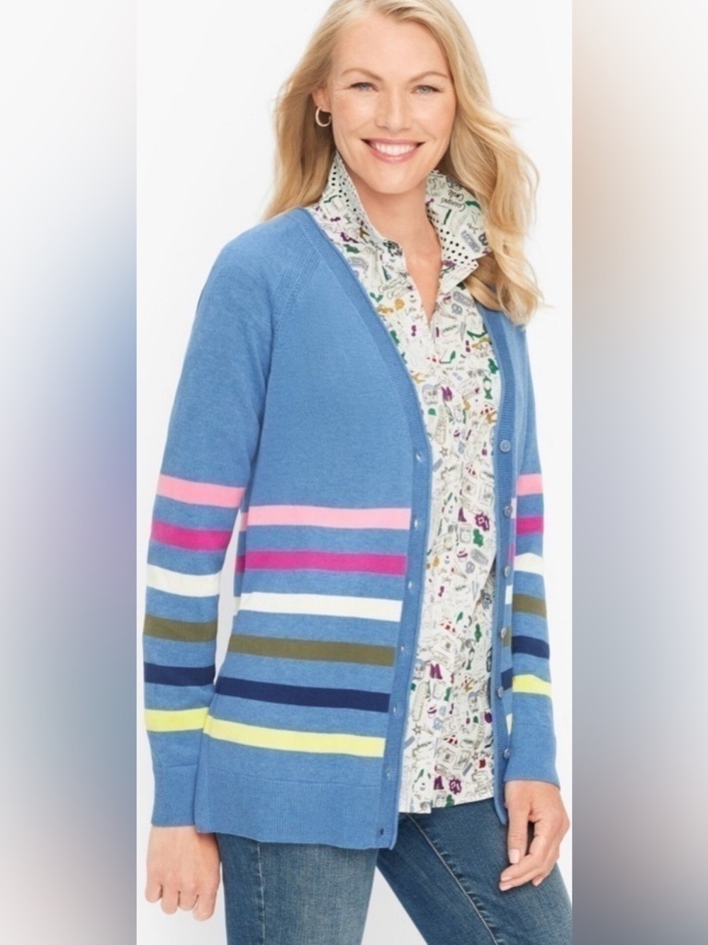 Talbots Petite Large Striped Cardigan Blue Multi Colorful Preppy